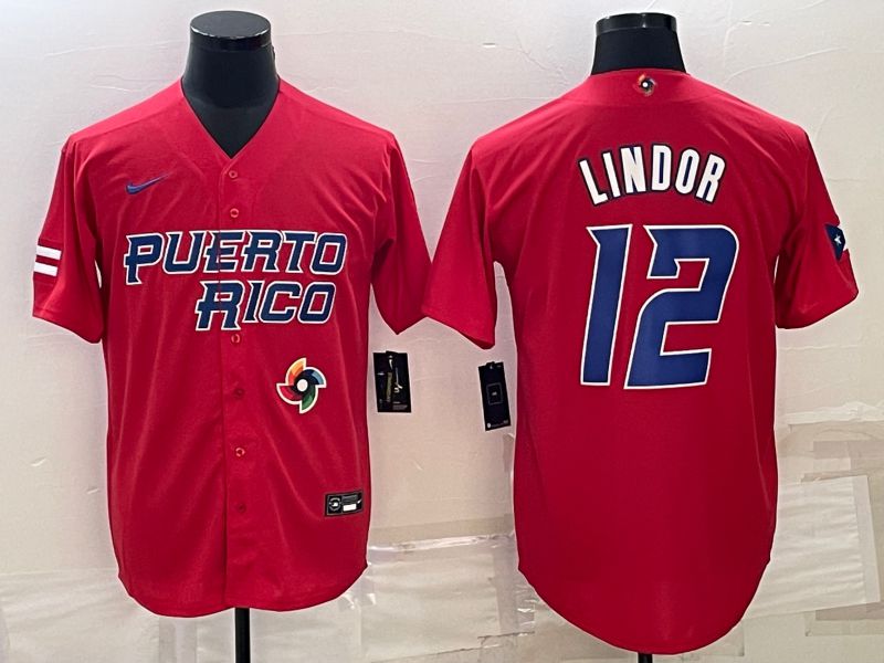 Men 2023 World Cub #12 Lindor Red Nike MLB Jersey7